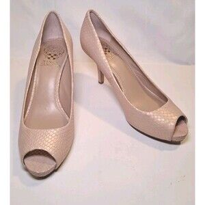 Vince Camuto Size 7B Kira Peep Toe Snakeskin Natural Pearl Heels 3" Leather